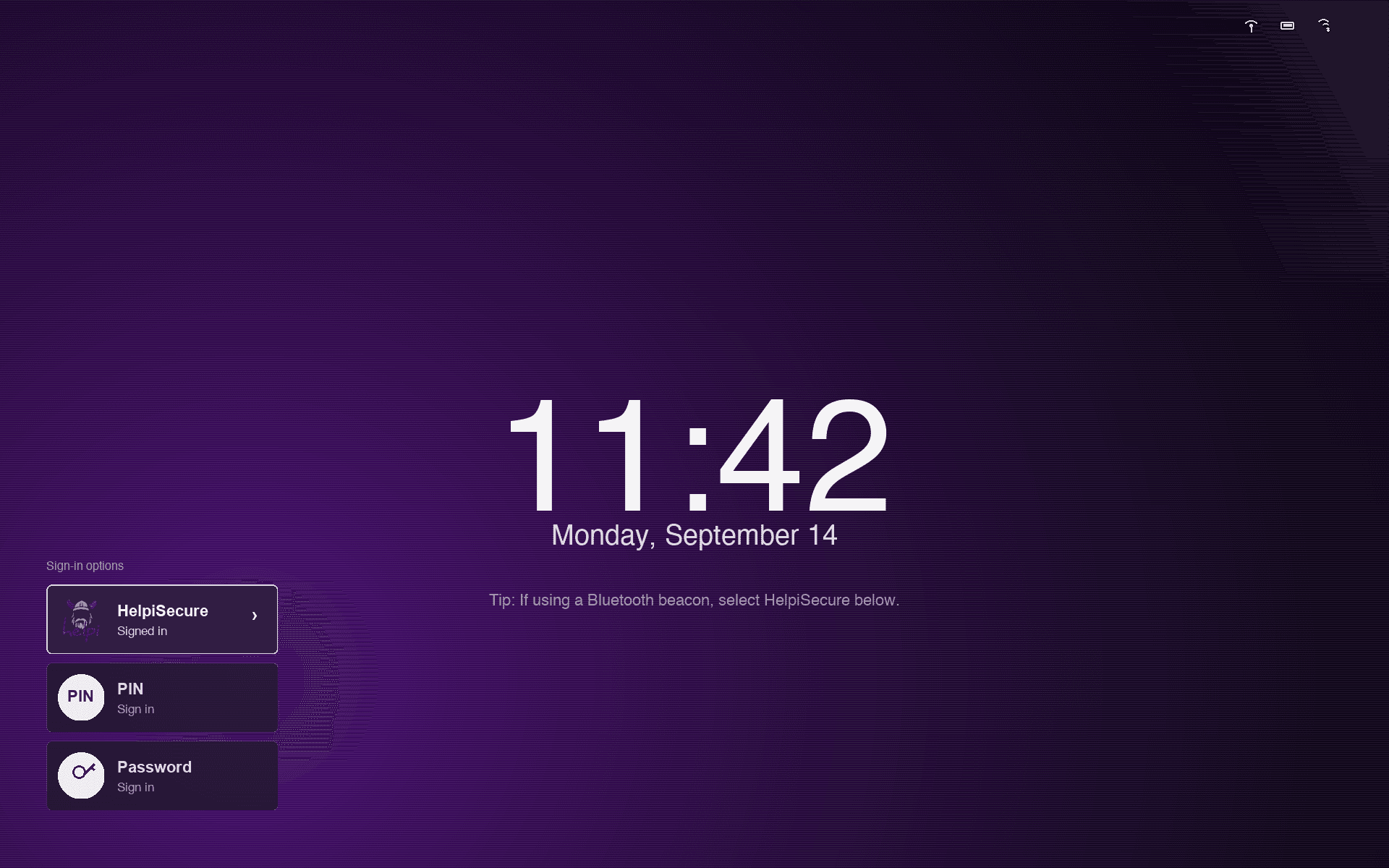 Windows lock screen showing the HelpiSecure credential provider tile ready for beacon sign-in