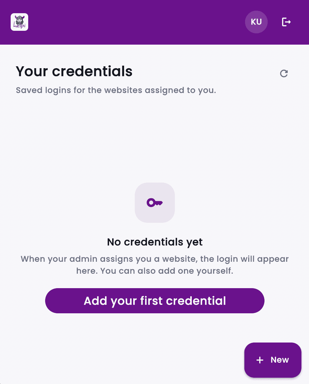 Helpi Employee credentials screen showing the empty state
