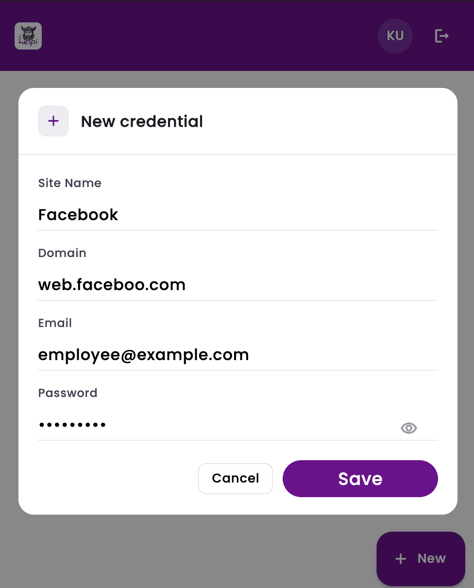 Helpi Employee new credential dialog with site, domain, email and password fields