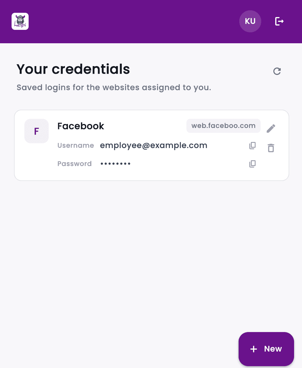 Helpi Employee credential card with copy buttons for username and password